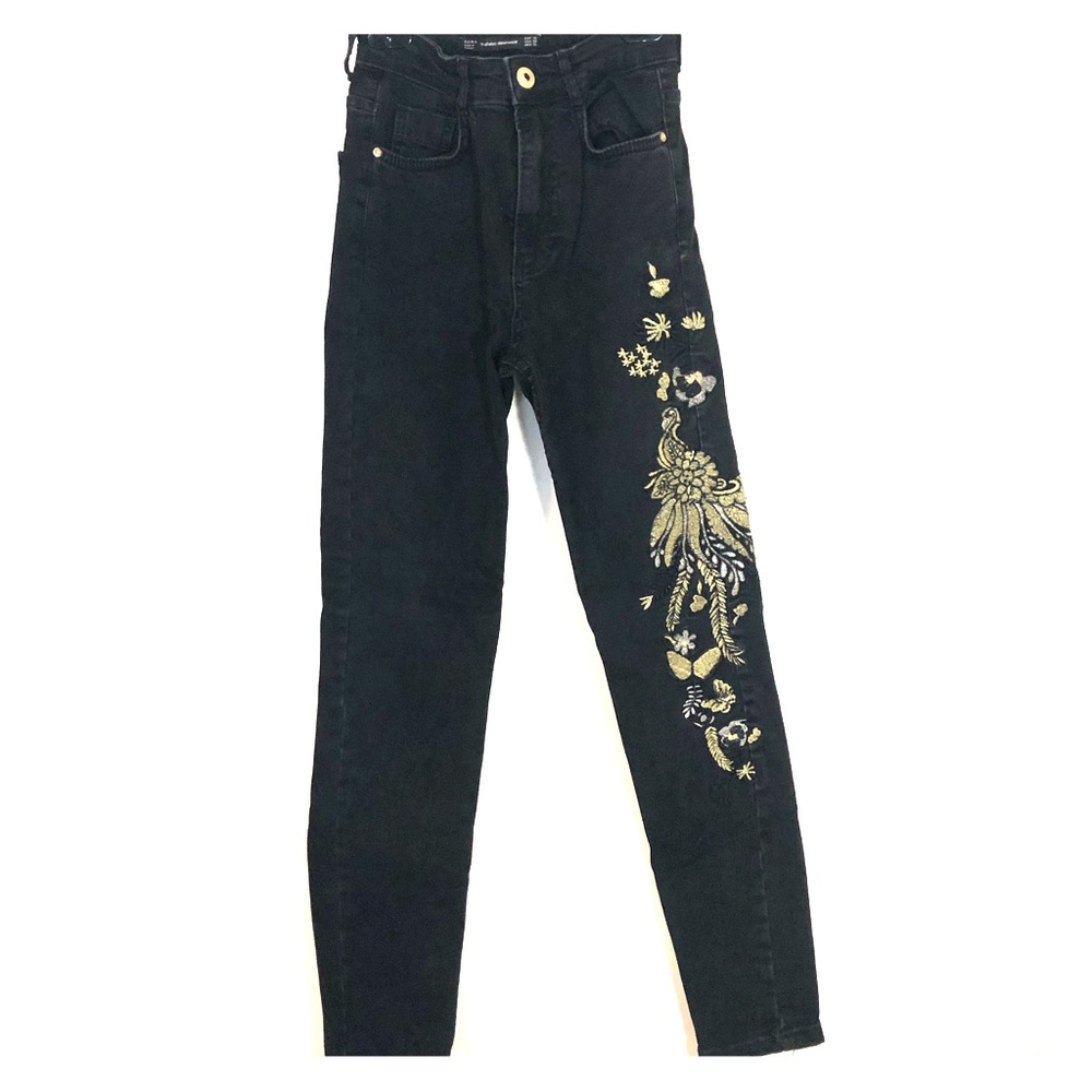 ZARA Black Embroidered High Waisted Jeans